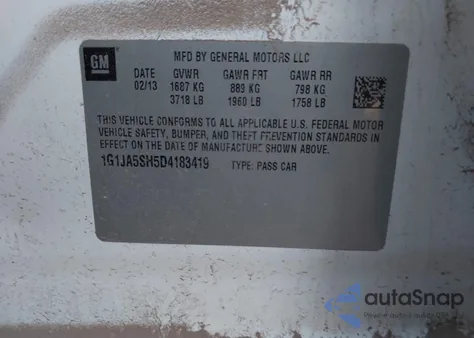 2013 Chevrolet Sonic Ls Auto z USA, uszkodzony, nr VIN 1G1JA5SH5D4183419